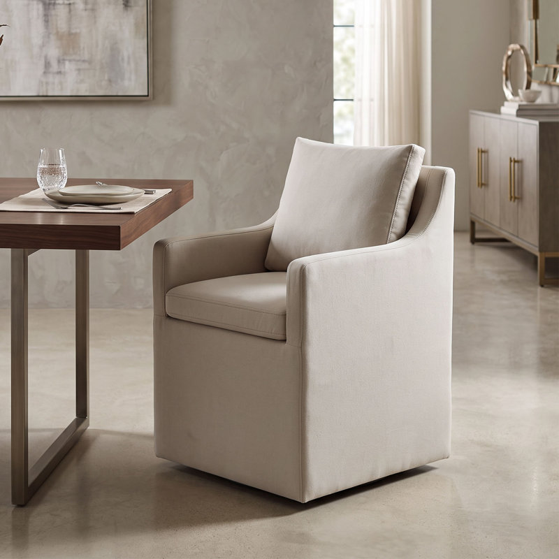 Hidar Upholstered Dining Armchair with Casters, Light Gray