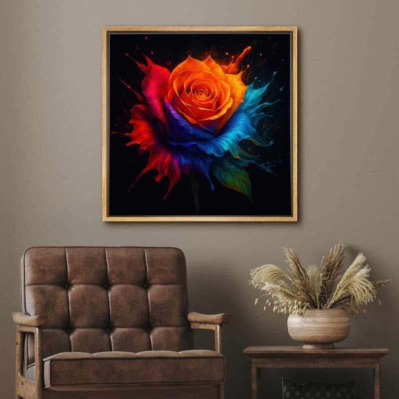 "Abstract Color Splash Rose Flower", art botanique contemporain, impression sur toile encadrée, H 16 po x l 16 po x P 1,5 po