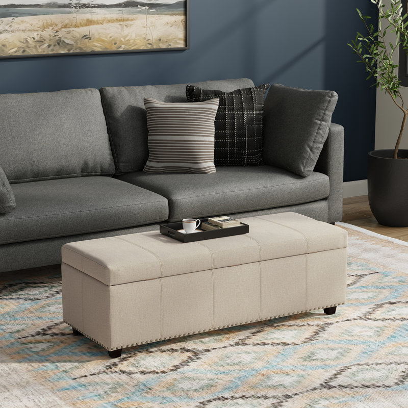 Kingsley 48"W Upholstered Vegan Leather Transitional Rectangular Lift-Up Storage Ottoman Bench with Nailhead Trim