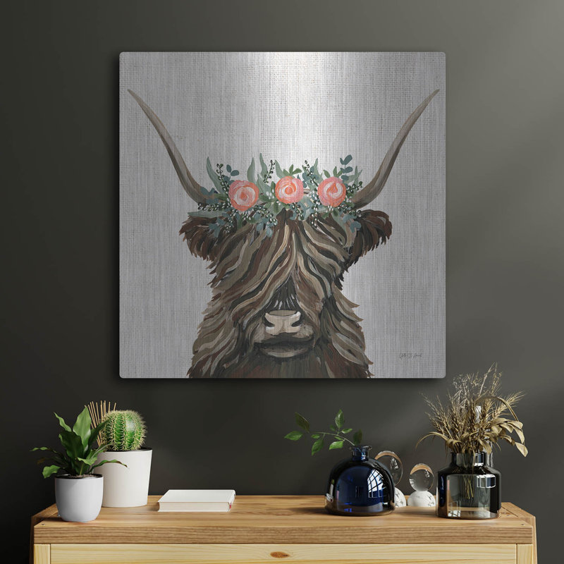 Trinx 'Longhorn With Rose Crown Linen Sq' by Yvette St. Amant Metal Wall Art, 24" H x 24" W