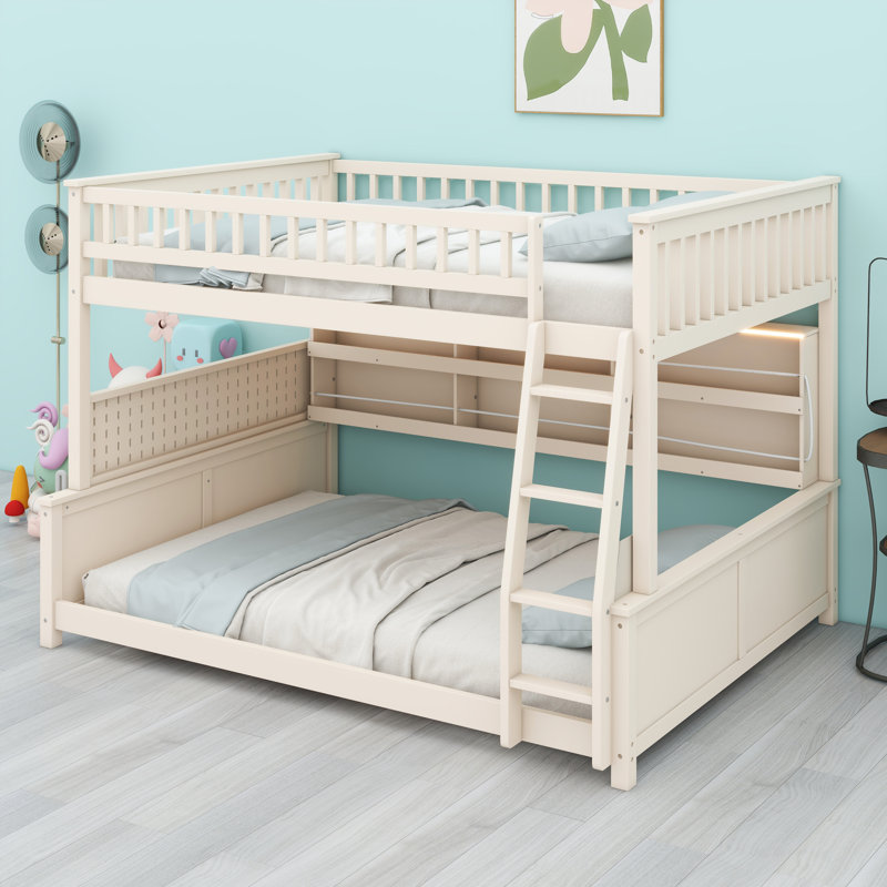 Lit superposé avec tablettes intégrées, éclairage d'ambiance et panneau perforé, Beige