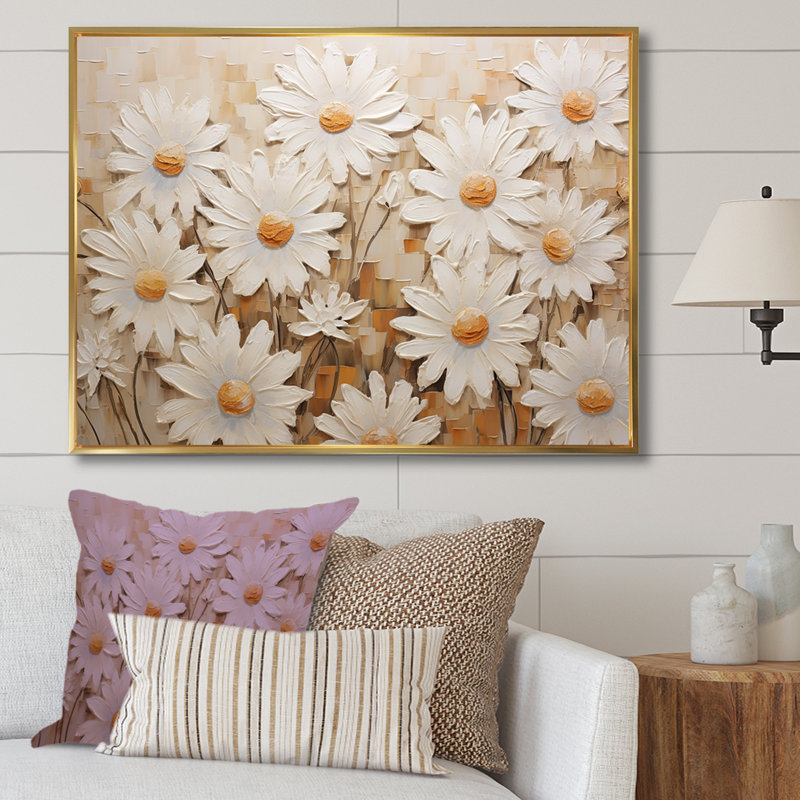 Champ de marguerites blanches élégantes V, Cadre flottant doré, L 20 po x H 12 po x P 1 po