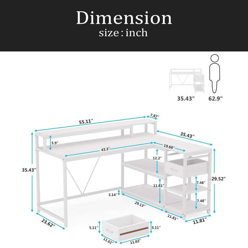 Bureau, bureau en L, bureau d'ordinateur réversible, Blanc