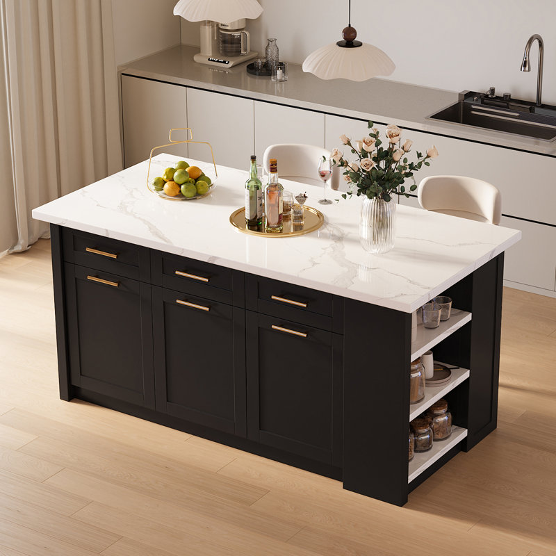 Îlots de cuisine 72 po avec rangement de style moderne 72 po, Noir, Pierre frittée