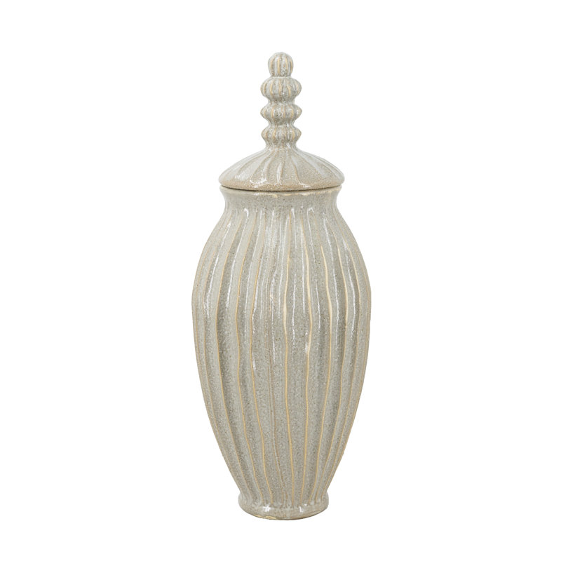  Decorative Ceramic Jar with Textured Motif and Spherical Finial Lid, Overall Height- 25.5"