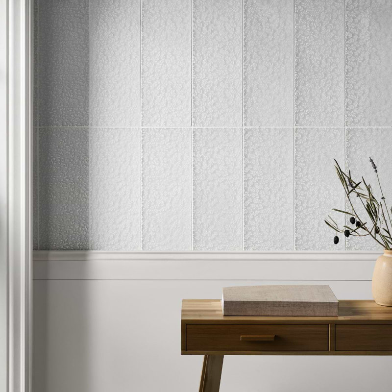 Sonya Flowers 6x16 Frosted Glass Tile, Pearl White