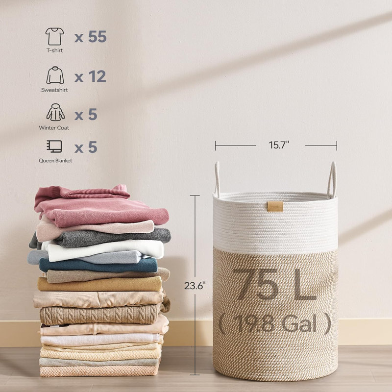 Large Laundry Hamper Basket With Handles, 75L Cotton Rope Woven Storage Bin For Clothes Blankets Toys, Durable And Stylish For Bedroom Nursery Home