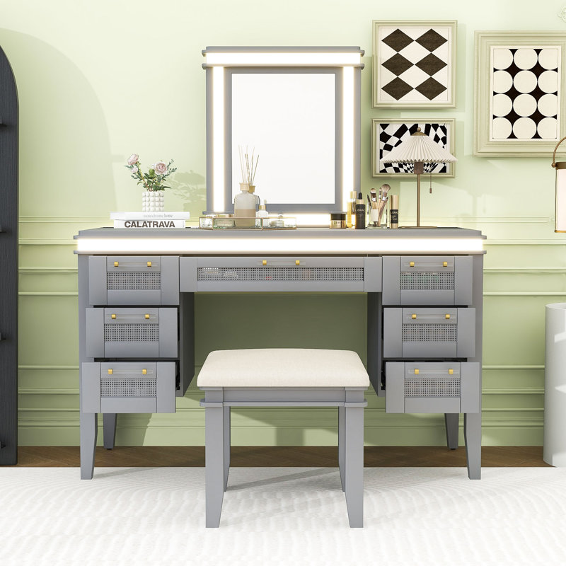Vanity Desk with Mirror, Lights, Drawers and Cushioned Stool, Gray Blue