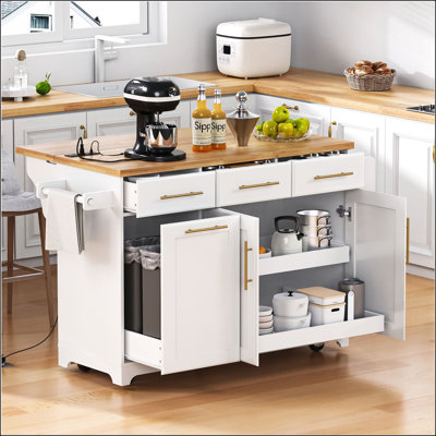 Vintage White Kitchen Island with Storage, Pull-Out Organizers, Drop Leaf, and Charging Station for Modern Kitchens