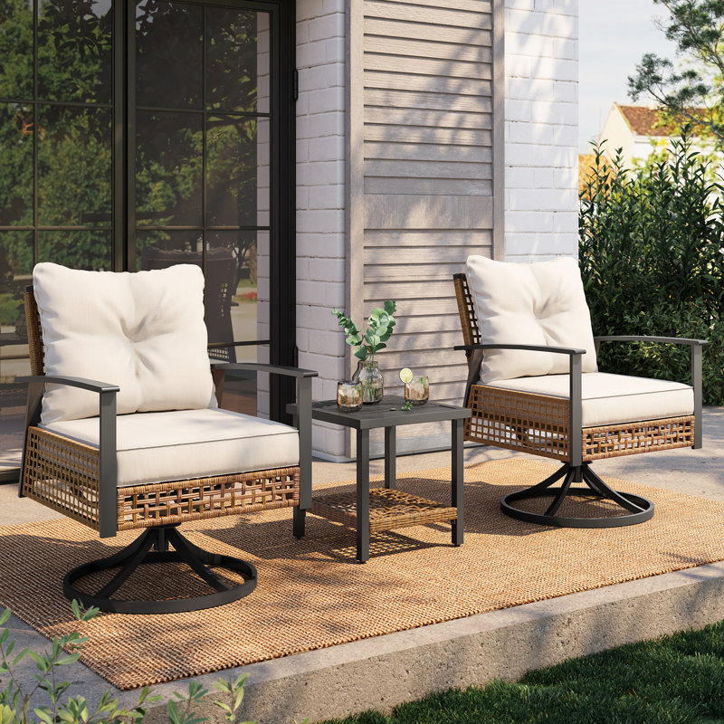 Wicker Swivel Patio Chair with Cushions , 3 Pieces: Table, 2 Chairs