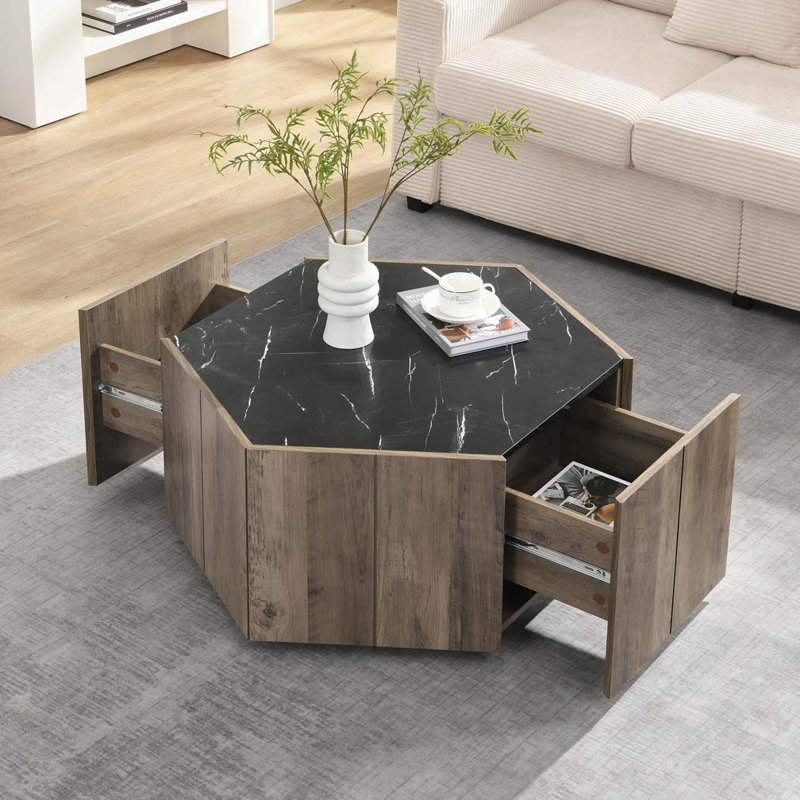 Table basse hexagonale rustique en bois rétro avec 2 tiroirs cachés, Plateau noir / base brun clair