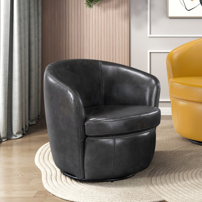 Fauteuil d'appoint pivotant en cuir fleur de luxe avec structure en bois massif et rembourrage en mousse Dacron confortable