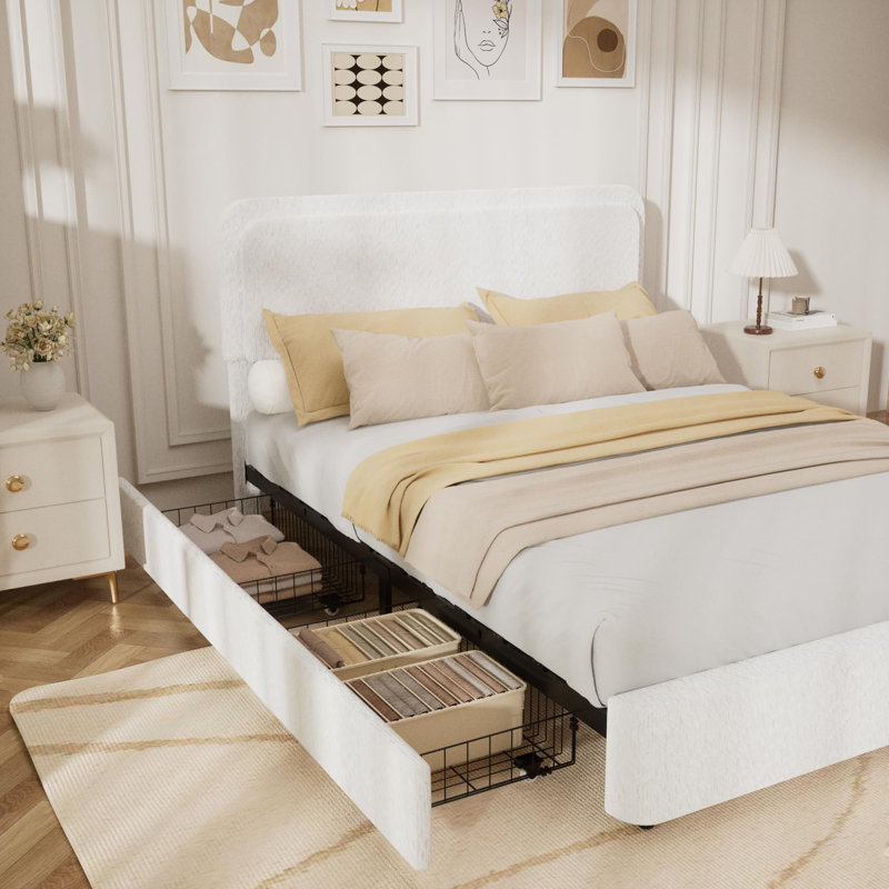 Bed Frame, Boucle Upholstered Bed Frame With Headboard, 2 Storage Drawers, Full