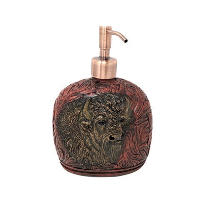 Resin Soap Pump Dispenser with Faux Tooled Leather Design with Bison Bust