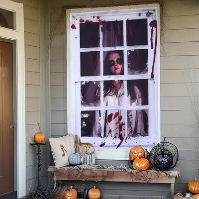 Décorations de fenêtre d'Halloween, couvercle de porte de fenêtre effrayant effrayant pour la fête intérieure et extérieure, décor de maison hantée