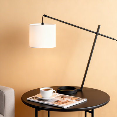 Lampe de bureau géométrique moderne 21 po avec base circulaire peu encombrante, abat-jour en lin, gris métallique