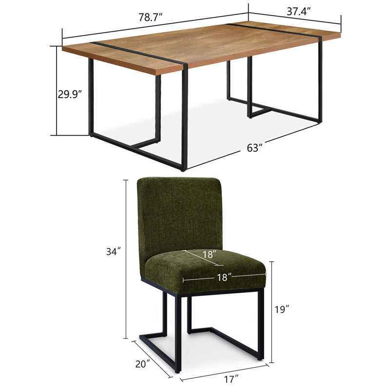 7-Piece Modern Rectangular Dining Table Set For 6 With Upholstered Dining Chairs, Green