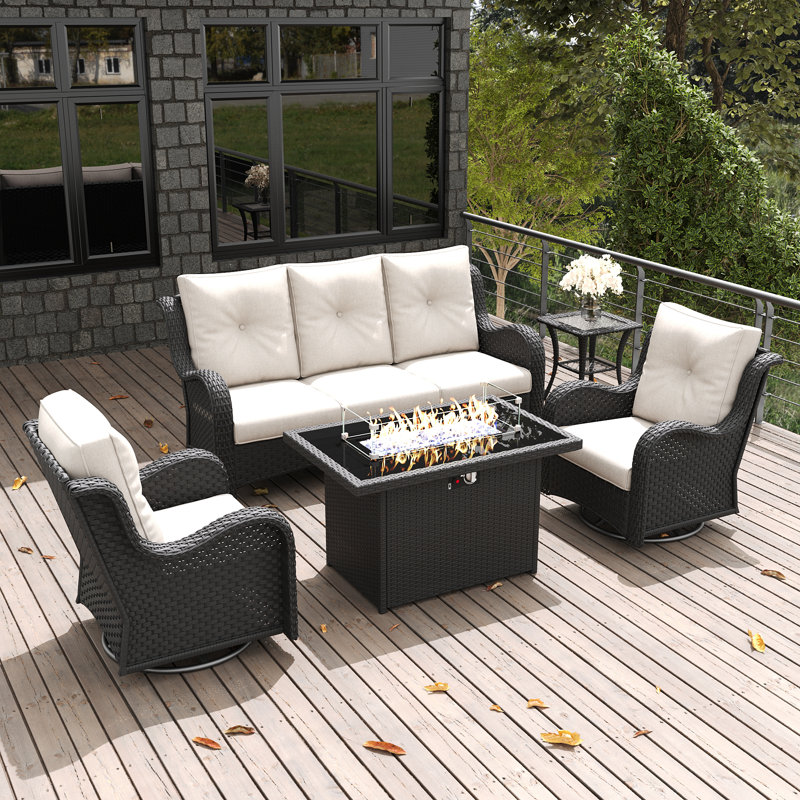  5 Pieces Outdoor Patio Furniture Set With Fire Pit Table, Rattan Wicker Sectional Swivel Rocker Chairs Sets With Swivel Glider Chair And Coffee Table