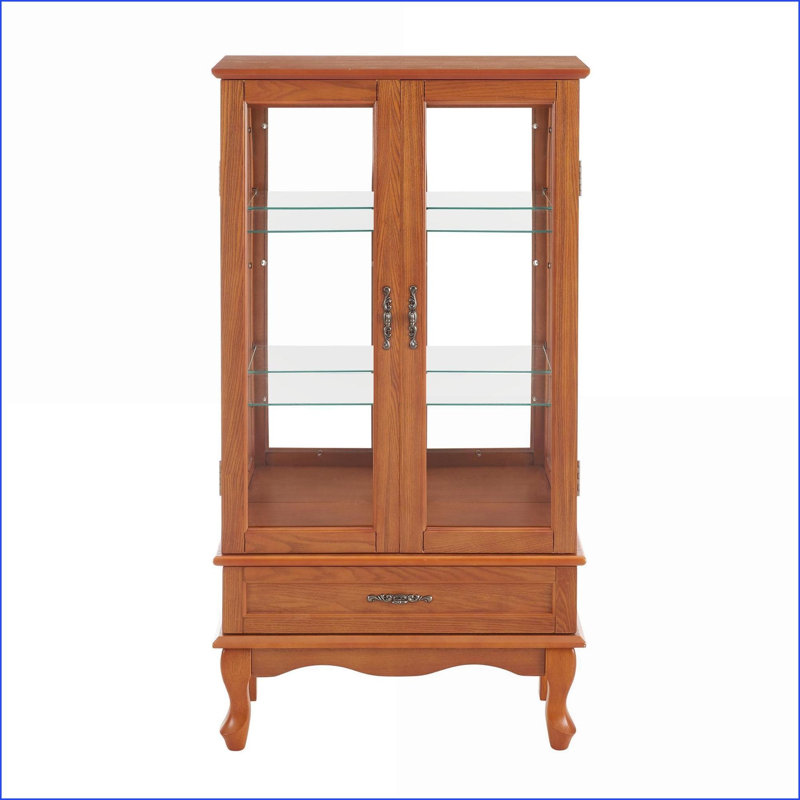 Cabinets, Traditional Walnut Brown Display Cabinet with LED Lights, Adjustable Shelves, Storage Drawer | MDF+Glass | Living Room
