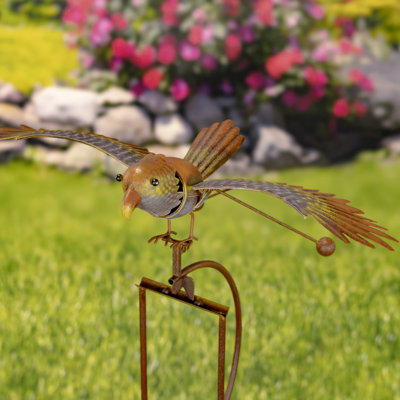 Metal Rocking Bird Garden Stake - Orange & Yellow Bird with White Belly