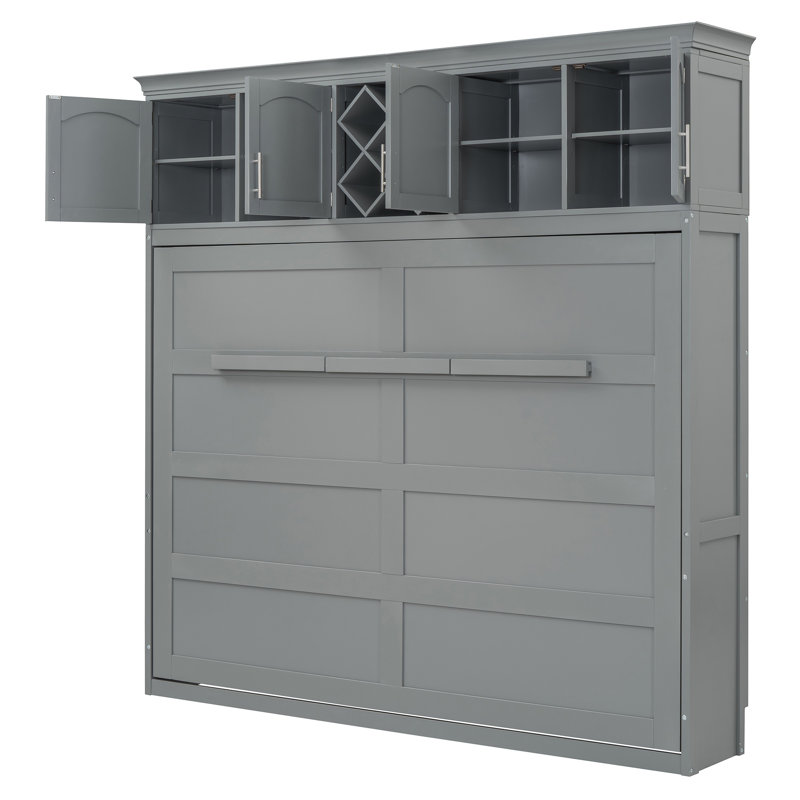 Grand lit escamotable mural avec armoires supérieures et porte-bouteilles - Lit pliant peu encombrant pour chambres d'amis, gris