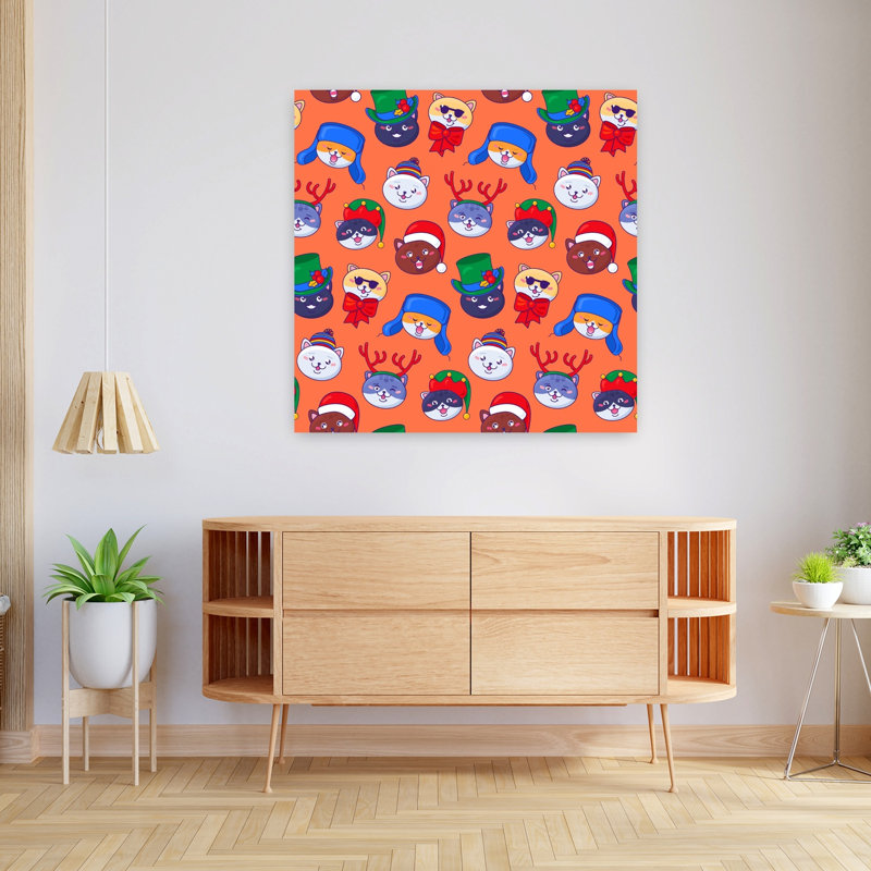 Cute Holiday Cats Playful Whimsical Contemporary Cat Winter Wall Art Print 1 Piece Wrapped Canvas Wall Art