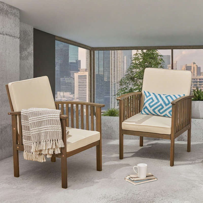 2-Piece Acacia Wood Outdoor Dining Chairs with Cushions
