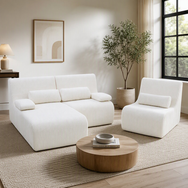 Canapé modulaire moderne en L de 98 po, Velours côtelé beige