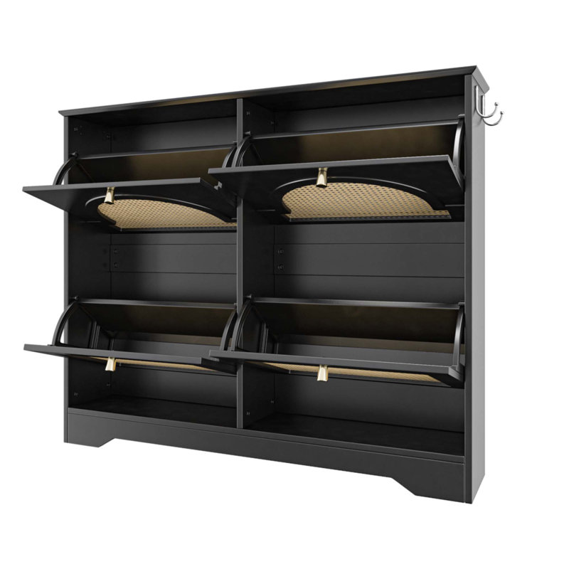 Mid-Century Narrow Design Tipping Bucket Shoe Cabinet With 4 Flip Drawers, Black