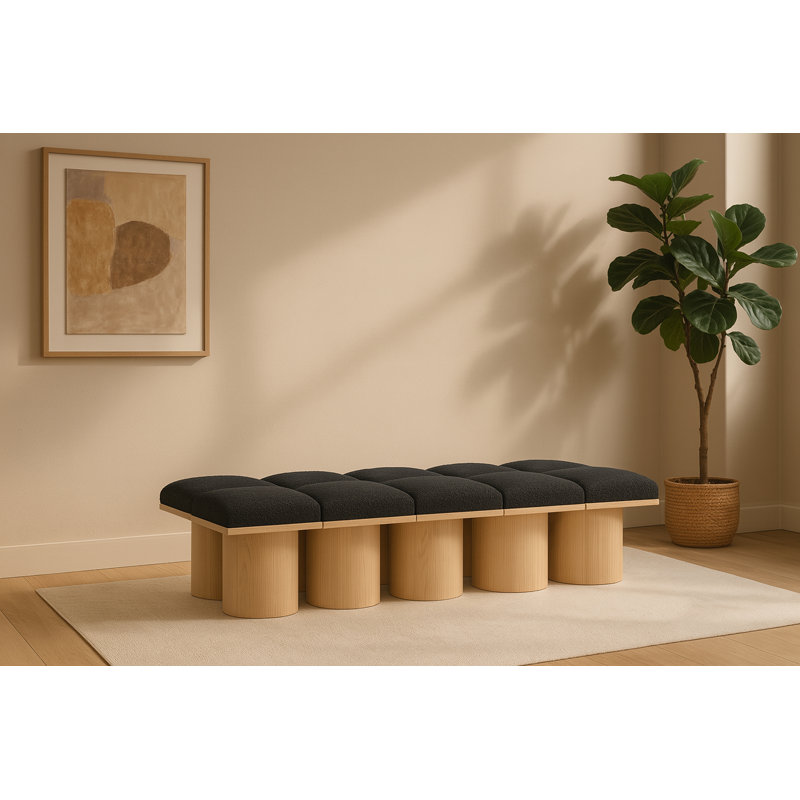 Banc rembourré Husnan, H 17,5 po x l 77,5 po x P 36 po, Naturel, Tissu bouclé noir