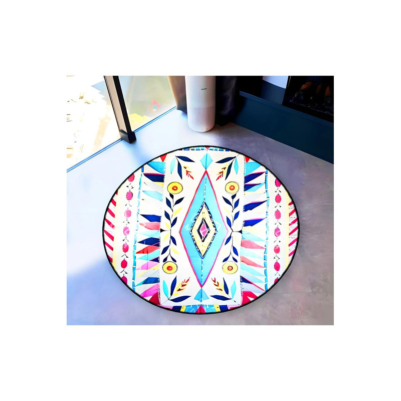 Multicolored Patterned Mixed Shapes Detailed Woven Base Modern Decorative Carpet, Round 2'8"