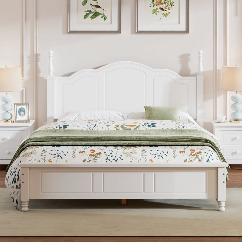 Structure de lit plateforme en bois, lit plateforme de style rétro avec support en lattes de bois, Grand lit, Blanc