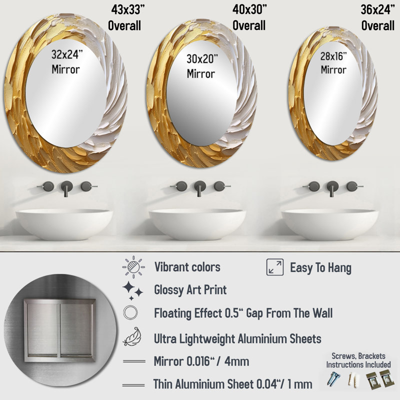 Or et crème tourbillon enchanté I - décor de miroir mural ovale doré, 43 po x 33 po