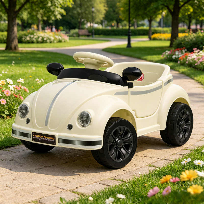 Voiture tout-petit 12V avec télécommande 2,4G, jouet électrique rétro anti-basculement pour enfants Bluetooth, Blanc