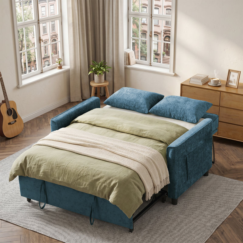 Canapé-lit rembourré 56,9 po avec port USB et poche latérale, Bleu