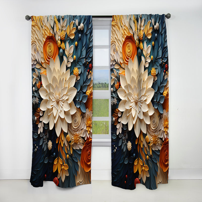 Orange Teal Botanical Whirlwind IV - Abstract Botanicals Blackout Abstract Curtain - 1 Panel, 52" W x 90" L