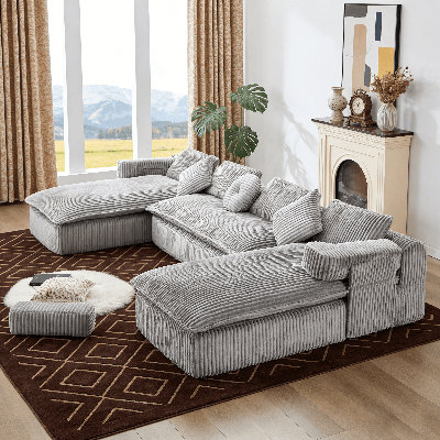 Boneless 149" U-Shaped Sectional Sofa – 6-Seater Corduroy Modular Couch with Deep Seats, No Assembly, Side Pocket & Movable Armrests, 7-in-1 Configurable