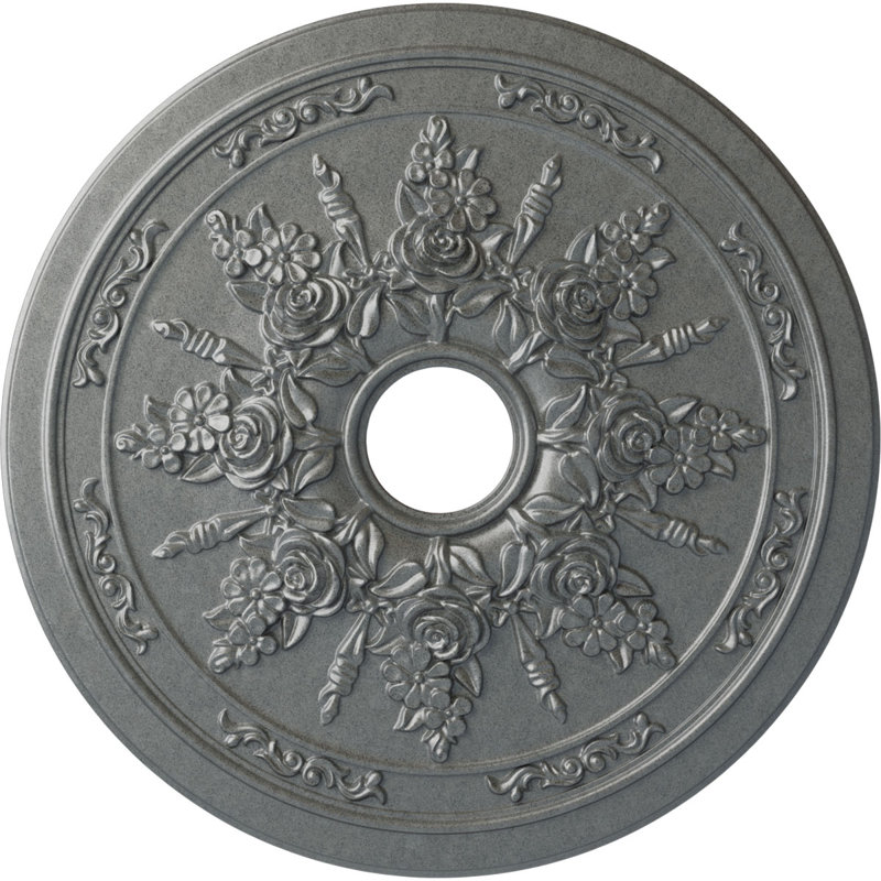 Endurathane Rose and Ribbon Ceiling Medallion, 23 5/8"OD x 4"ID x 1 1/2"P (Fits Canopies up to 4"), Hand-Painted Platinum Finish