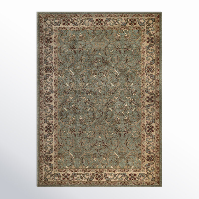 Tapis d'intérieur vert à motif floral et à volute de style oriental traditionnel, Rectangle de 10 pi x 14 pi