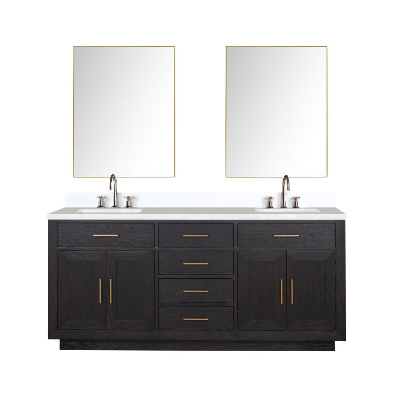 Ensemble de meuble-lavabo double 72 "avec miroir, Chêne noir, Marbre de culture blanc