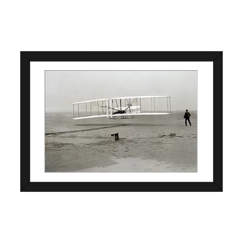"The Wright Brothers - First Flight" par Kitty Hawk, reproduction de photo sur toile, Papier d'art encadré noir