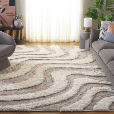 Beige Ivory Hand-Woven Abstract Wool Rug