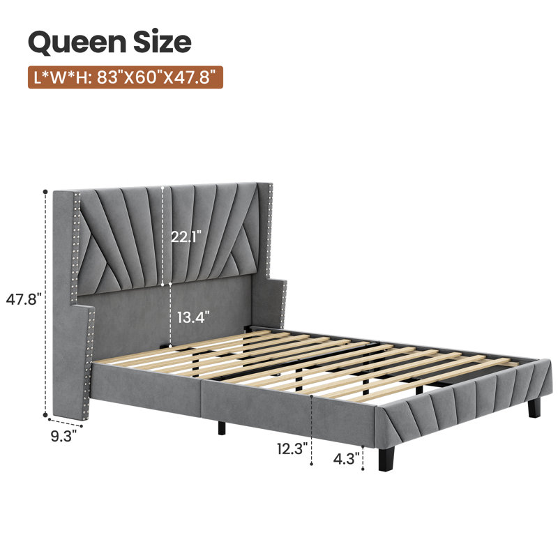 Modern Geometric Velvet Queen Upholstered Platform Bed