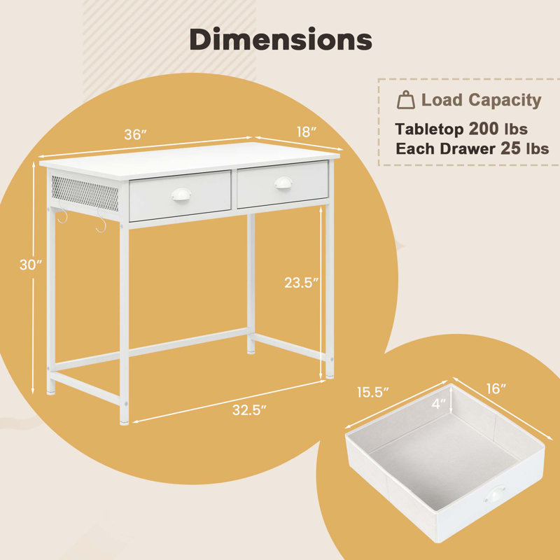 Space Saving Home Computer Desk With 2 Fabric Drawers 4 Hanging Hooks & Metal Frame White, White