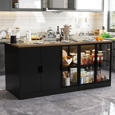 77.6"W Kitchen Island With Glass Door 3 Drawer Light Double Side