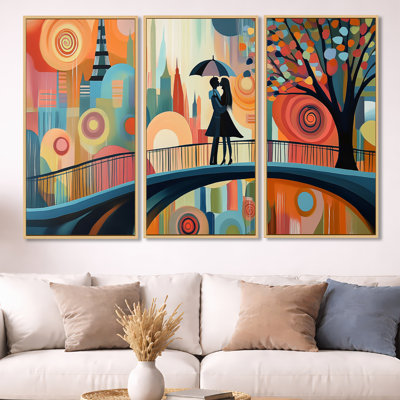 Paris in the Rain Romantic Couple Umbrella – Landscape 3 Piece Framed Wall Art