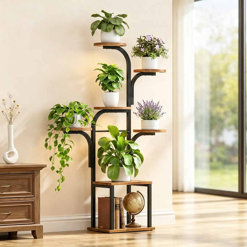 7-Tier Rustic Brown & Black Plant Stand with Grow Lights, Open-Style Plant Display Shelf with 3/9/12-Hour Timer & Adjustable Brightness, for Living Room and Balcony Decor