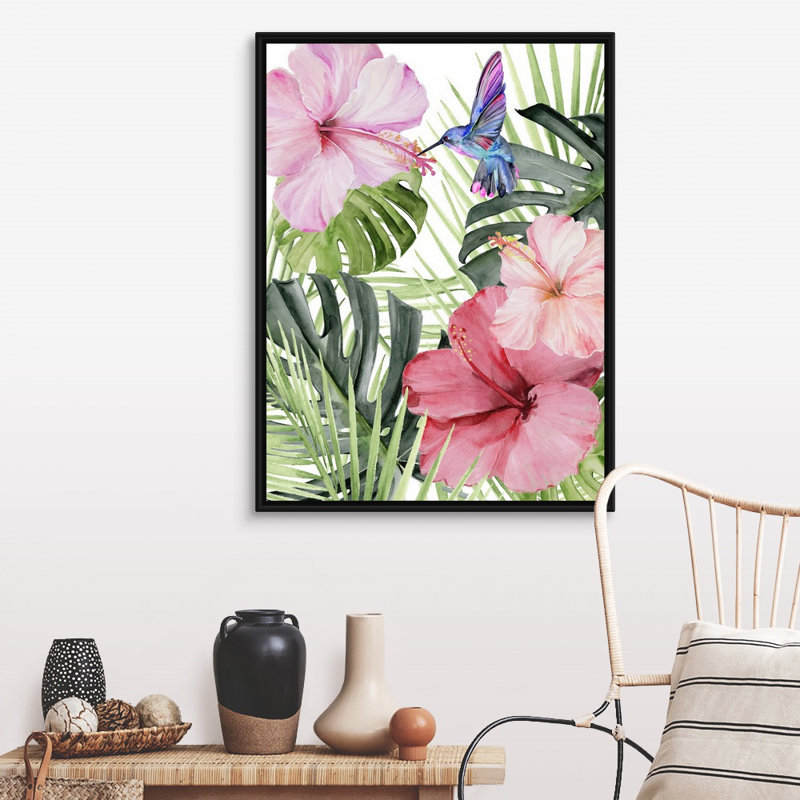 Hibiscus et colibri I, art mural sur toile, Toile avec cadre noir, H 40 po x l 30 po x P 1,75 po