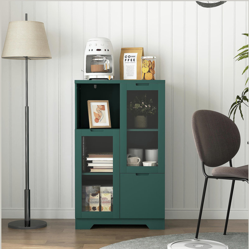 Armoire peinte en panneau de fibres à densité moyenne avec portes et tiroir en verre, espace de rangement ouvert, Vert