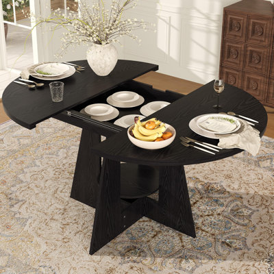 Extendable Round Dining Table, Retro Brown Farmhouse Table with Storage Shelf & Wood Pedestal Base, Black
